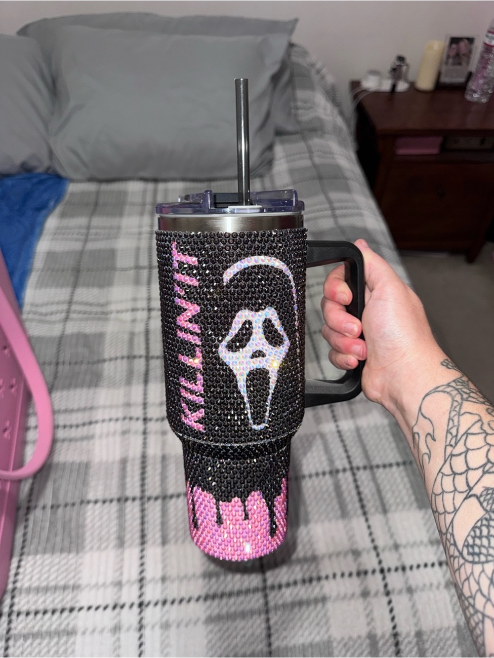 Black & Pink Rhinestone Scream Tumbler with Handle